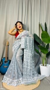 Ash Grey Soft Dhakai Jamdani Saree