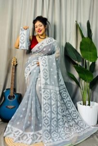 Ash Grey Soft Dhakai Jamdani Saree