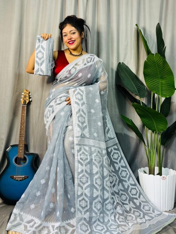 Ash Grey Soft Dhakai Jamdani Saree