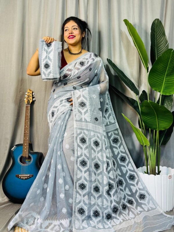 Ash Grey Soft Dhakai Jamdani Saree