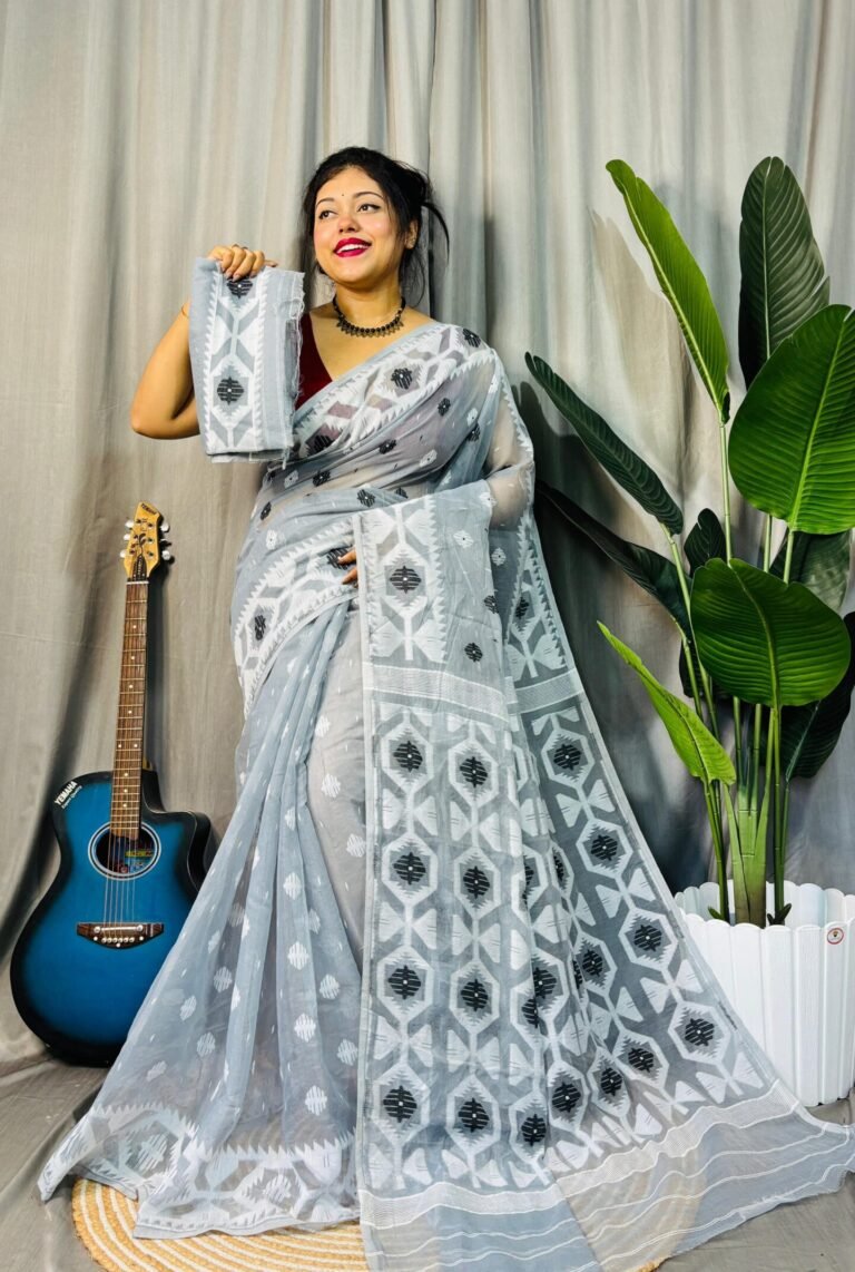 Ash Grey Soft Dhakai Jamdani Saree