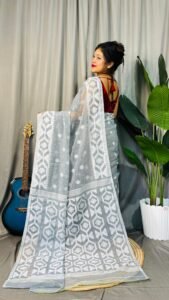 Ash Grey Soft Dhakai Jamdani Saree