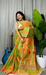 Avocado Soft Ful Bahar Jamdani Saree