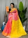 Bean Red Soft Ganga Jamuna Jamdani Sari With Blouse Piece