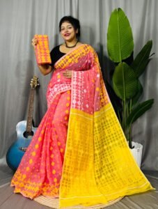 Bean Red Soft Ganga Jamuna Jamdani Sari With Blouse Piece