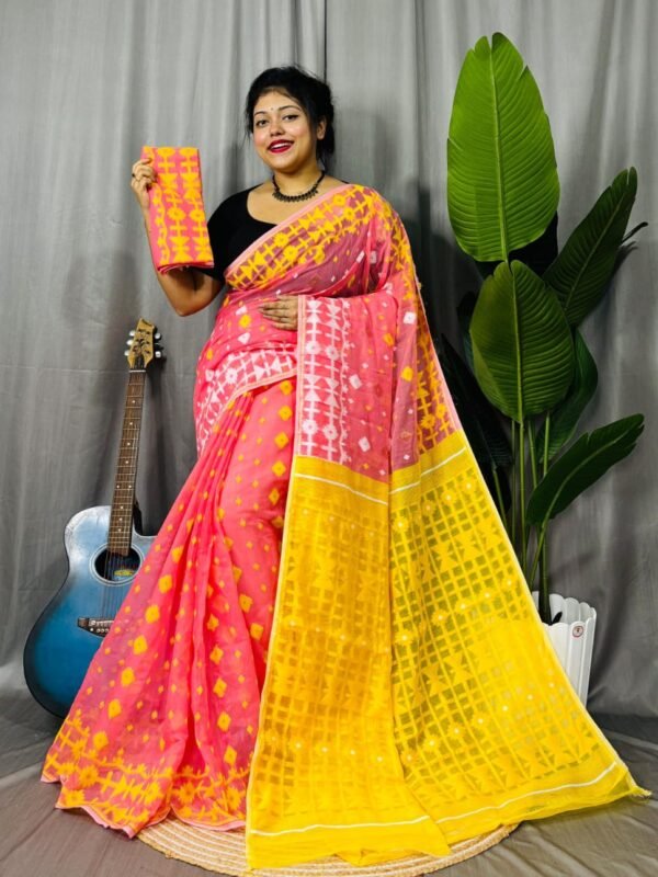 Bean Red Soft Ganga Jamuna Jamdani Sari With Blouse Piece