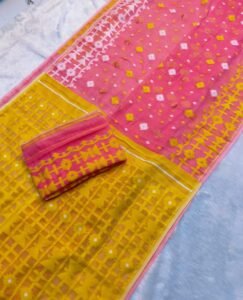 Bean Red Soft Ganga Jamuna Jamdani Sari With Blouse Piece