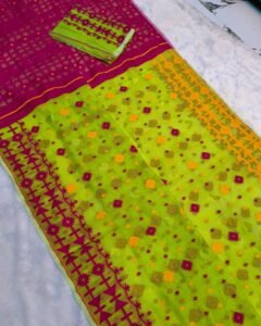 Bitter Lemon Soft Ganga Jamuna Jamdani Sari With Blouse Piece