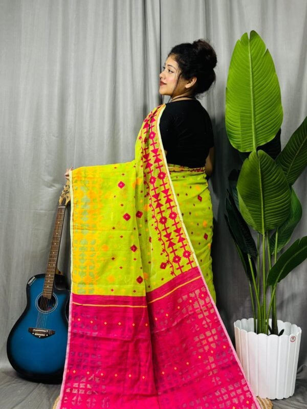 Bitter Lemon Soft Ganga Jamuna Jamdani Sari With Blouse Piece