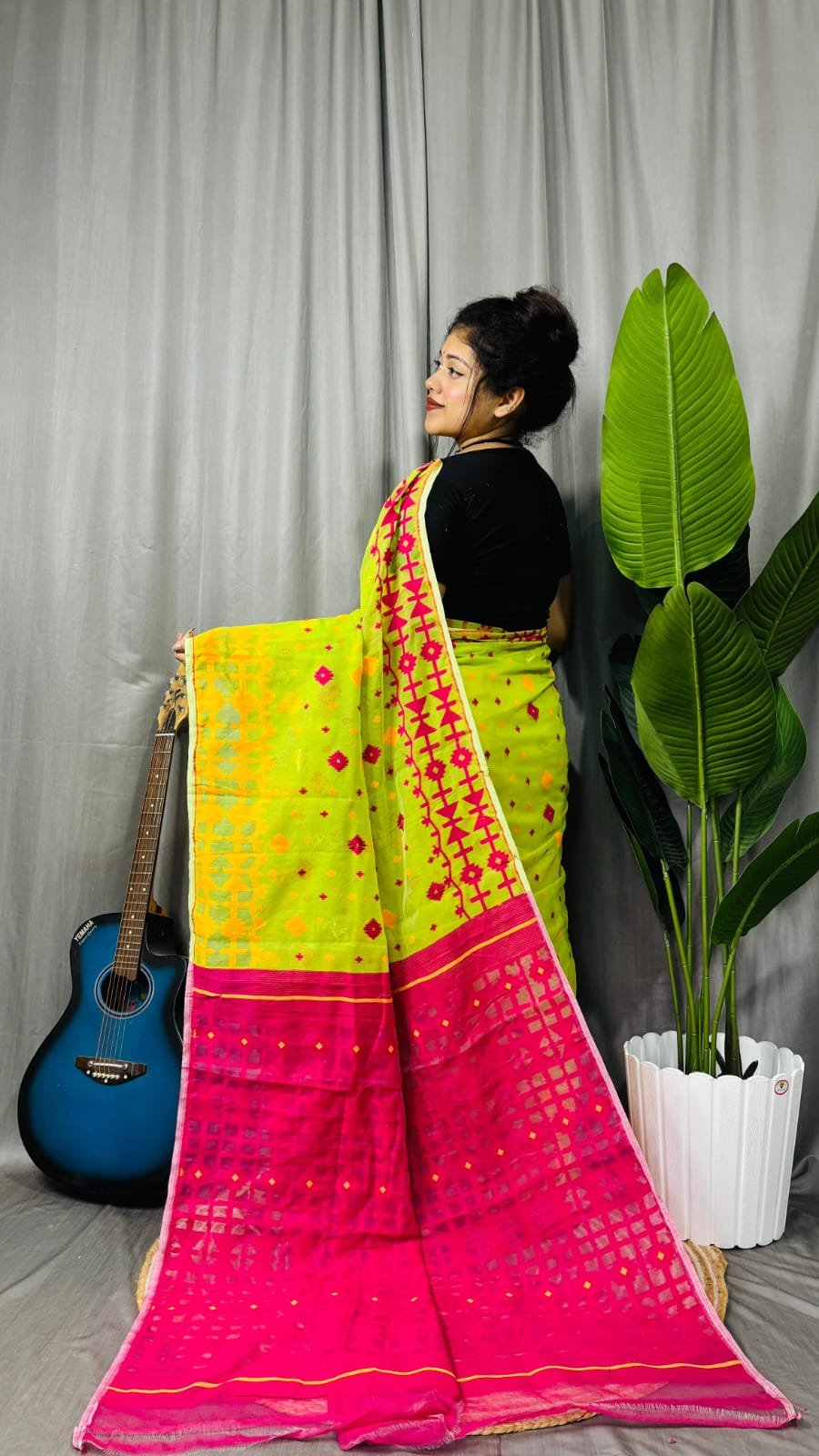 Bitter Lemon Soft Ganga Jamuna Jamdani Sari With Blouse Piece 2 Bitter Lemon Soft Ganga Jamuna Jamdani Sari With Blouse Piece