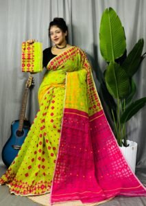 Bitter Lemon Soft Ganga Jamuna Jamdani Sari With Blouse Piece