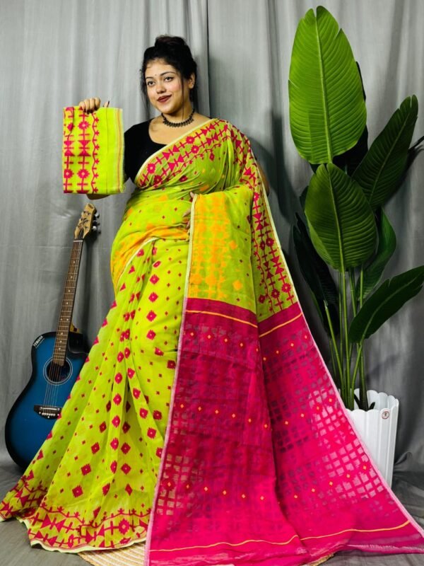 Bitter Lemon Soft Ganga Jamuna Jamdani Sari With Blouse Piece