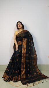 Black Soft Pata Handloom Sari With Blouse Piece
