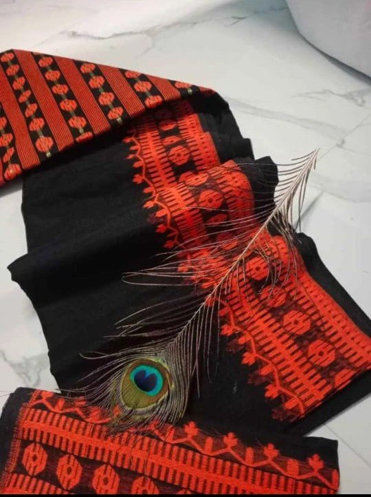 Black Soft Buti Jamdani Sari With Blouse Piece