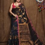 Black Soft Kotha Buti Handloom Sari With Blouse Piece