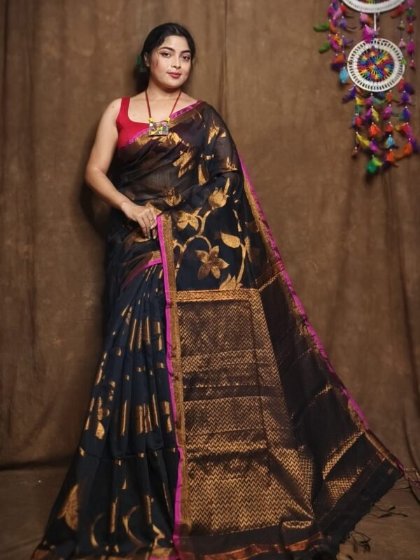 Black Soft Kotha Buti Handloom Sari With Blouse Piece