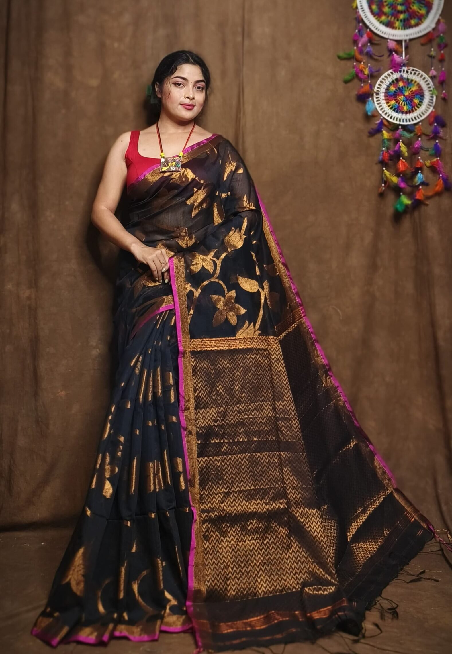 Black Soft Kotha Buti Handloom Sari With Blouse Piece 1 Black Soft Kotha Buti Handloom Sari With Blouse Piece