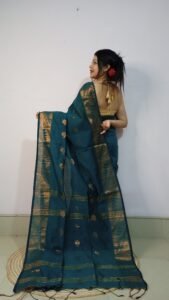 Blue Dianne Soft Pata Handloom Sari With Blouse Piece