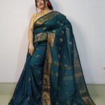 Blue Dianne Soft Pata Handloom Sari With Blouse Piece