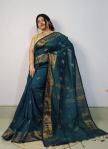 Blue Dianne Soft Pata Handloom Sari With Blouse Piece