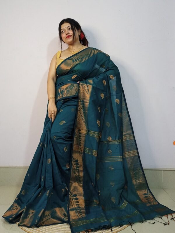Blue Dianne Soft Pata Handloom Sari With Blouse Piece