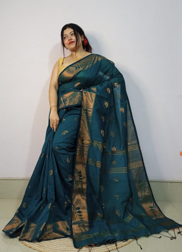 Blue Dianne Soft Pata Handloom Sari With Blouse Piece