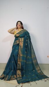 Blue Dianne Soft Pata Handloom Sari With Blouse Piece