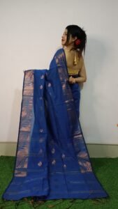 Blue Soft Pata Handloom Sari With Blouse Piece