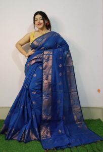 Blue Soft Pata Handloom Sari With Blouse Piece