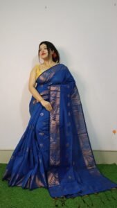 Blue Soft Pata Handloom Sari With Blouse Piece