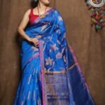 Blue Soft Kotha Buti Handloom Sari With Blouse Piece