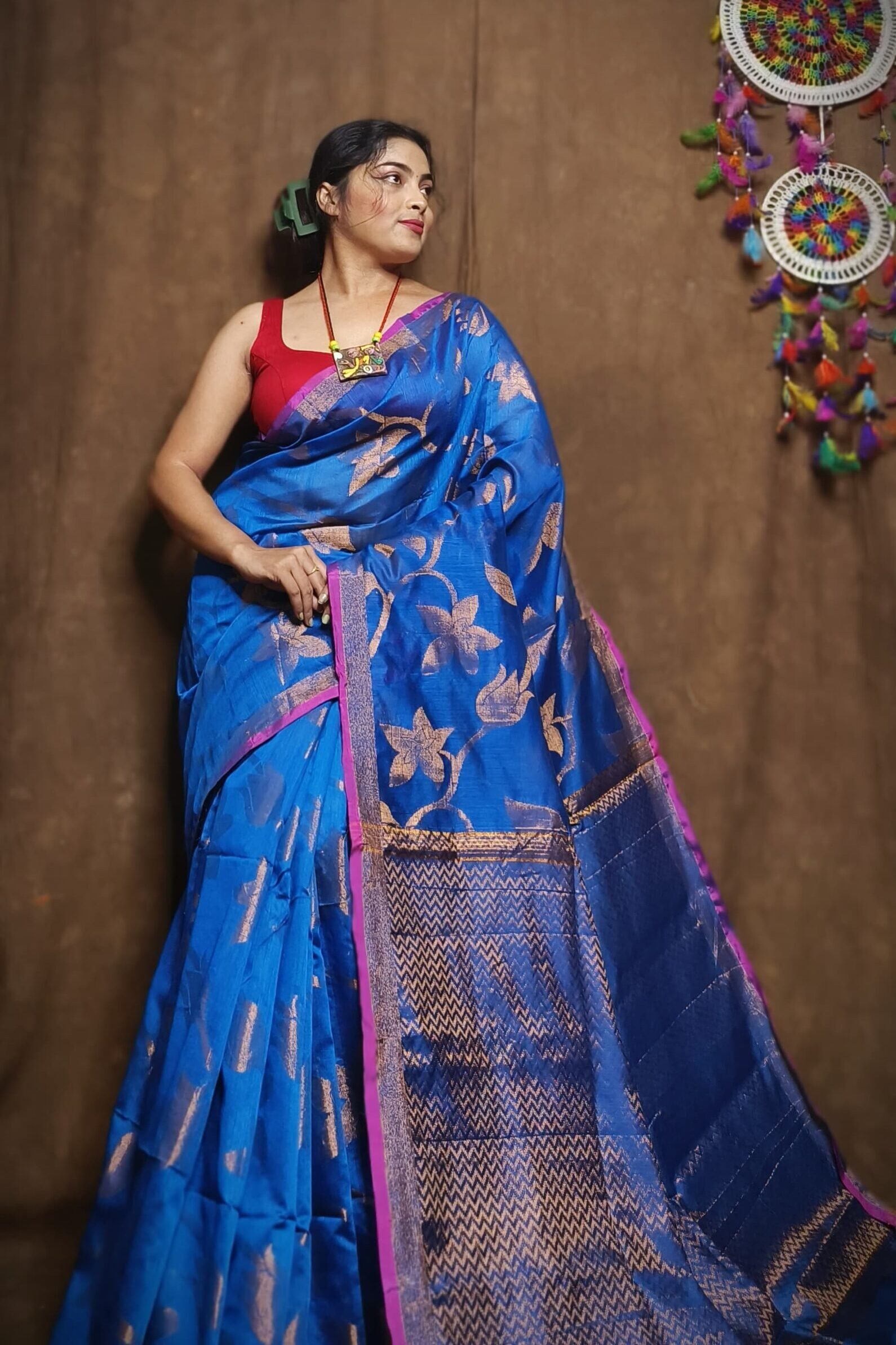 Blue Soft Kotha Buti Handloom Sari With Blouse Piece 1 Blue Soft Kotha Buti Handloom Sari With Blouse Piece