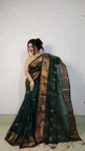 Bottle Green Soft Pata Handloom Sari With Blouse Piece