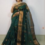 Bottle Green Soft Pata Handloom Sari With Blouse Piece