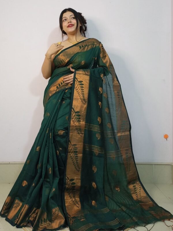Bottle Green Soft Pata Handloom Sari With Blouse Piece