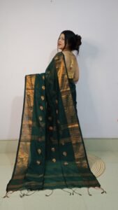 Bottle Green Soft Pata Handloom Sari With Blouse Piece