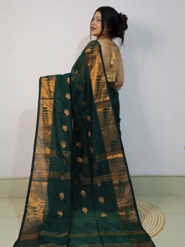 Bottle Green Soft Pata Handloom Sari With Blouse Piece