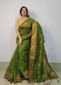 Camo Green Soft Pata Handloom Sari With Blouse Piece