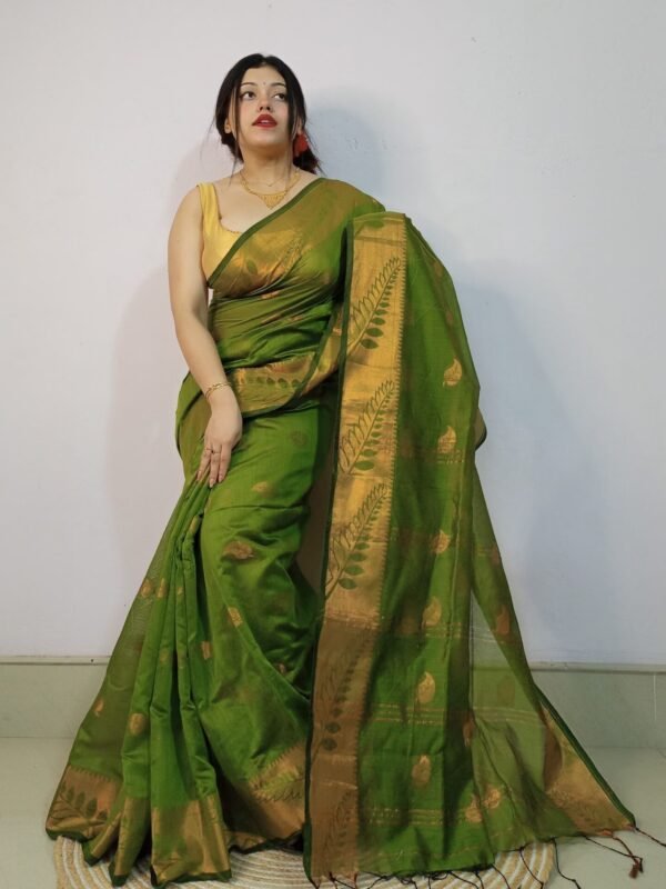 Camo Green Soft Pata Handloom Sari With Blouse Piece