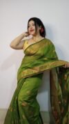 Camo Green Soft Pata Handloom Sari With Blouse Piece