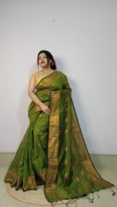 Camo Green Soft Pata Handloom Sari With Blouse Piece