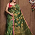 Camo Green Soft Kotha Buti Handloom Sari With Blouse Piece