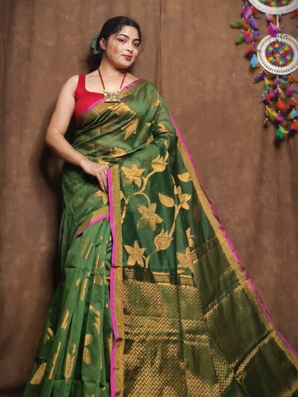 Camo Green Soft Kotha Buti Handloom Sari With Blouse Piece