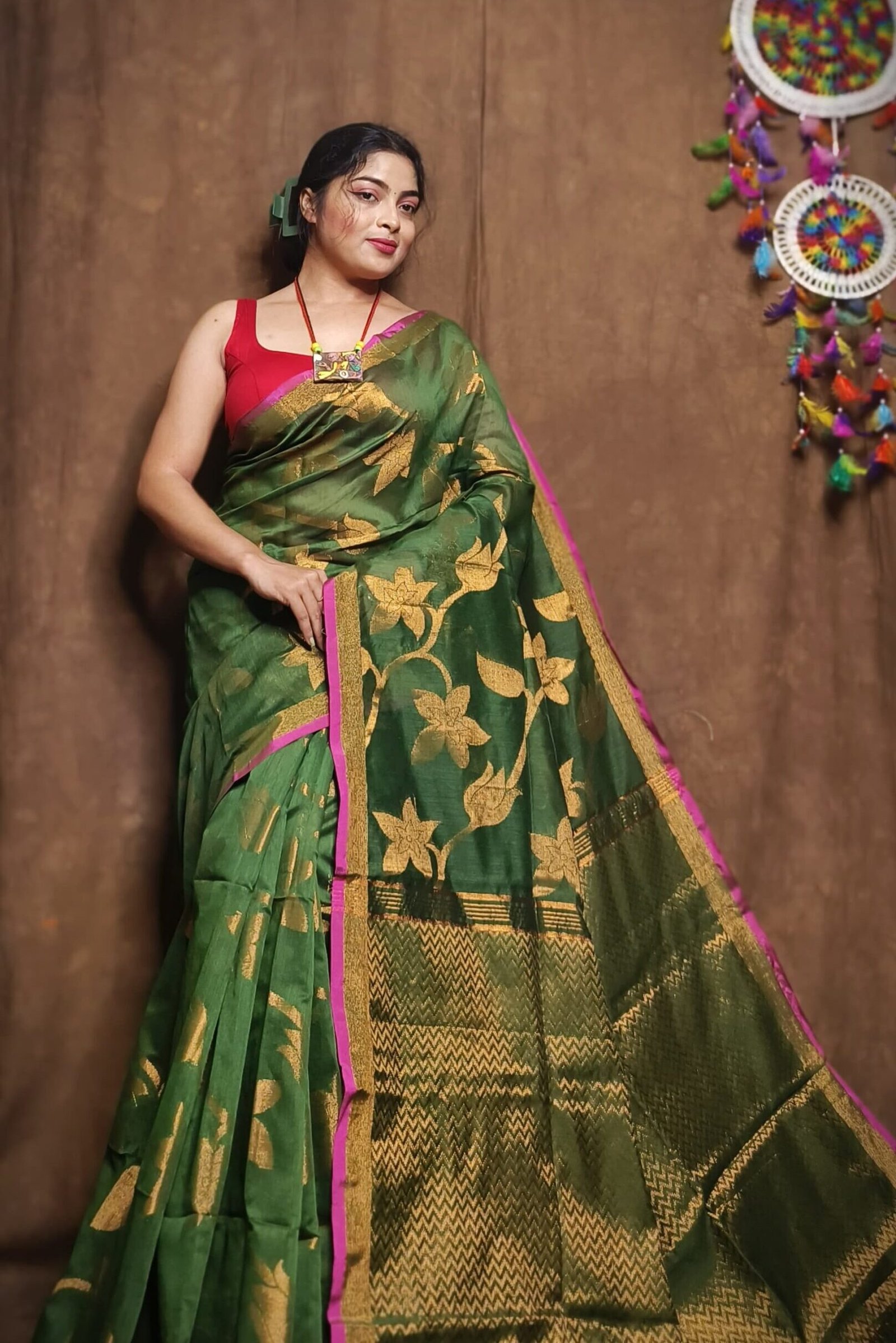 Camo Green Soft Kotha Buti Handloom Sari With Blouse Piece 1 Camo Green Soft Kotha Buti Handloom Sari With Blouse Piece