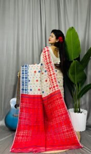 Cream Soft Ganga Jamuna Jamdani Sari With Blouse Piece