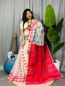 Cream Soft Ganga Jamuna Jamdani Sari With Blouse Piece