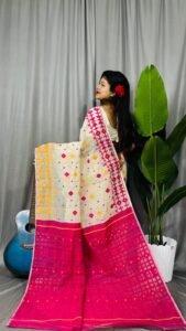 Cream Soft Ganga Jamuna Jamdani Sari With Blouse Piece