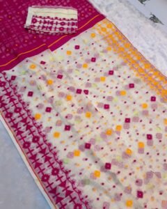 Cream Soft Ganga Jamuna Jamdani Sari With Blouse Piece