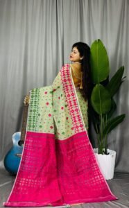 Cream Soft Ganga Jamuna Jamdani Sari With Blouse Piece