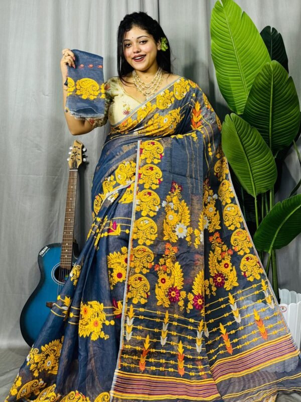 Dark Grey Soft Ful Bahar Jamdani Saree